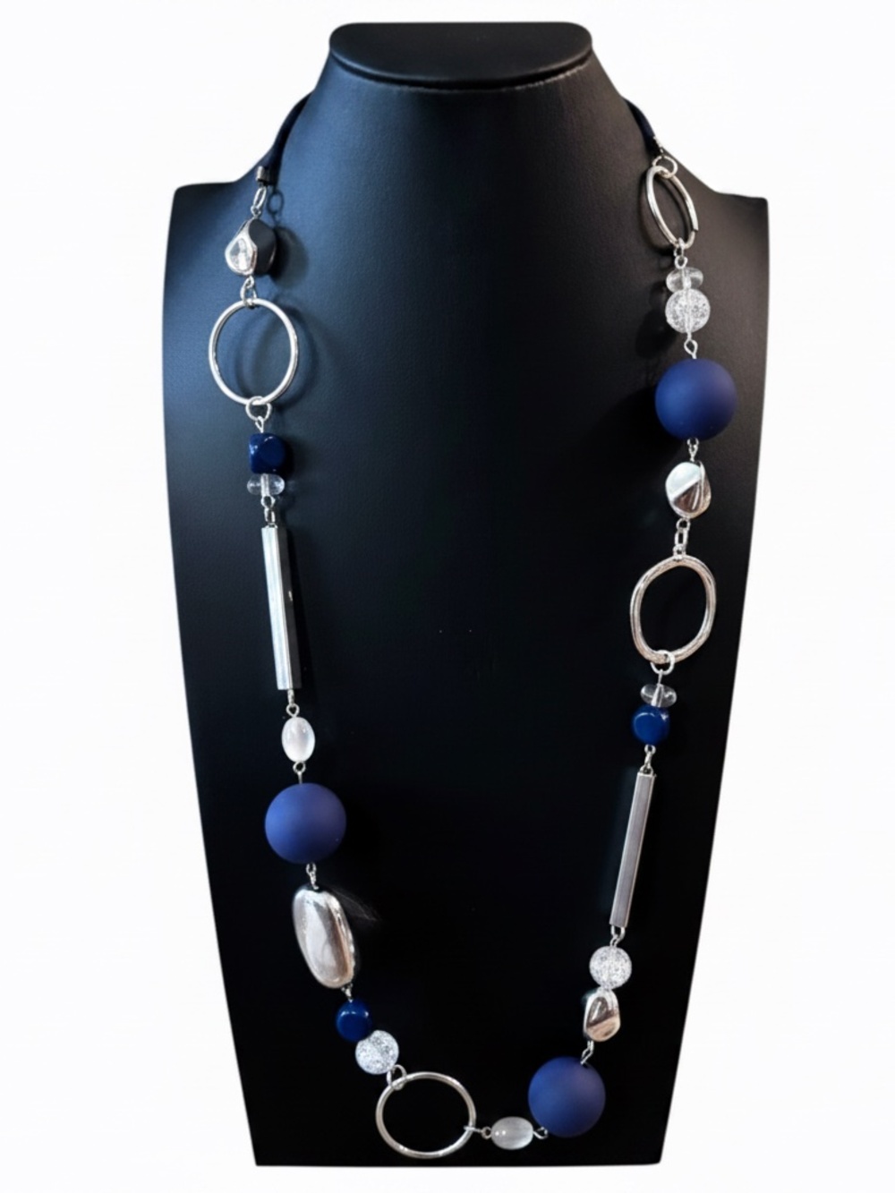 Womens Blue and Silver Long Beaded Necklace